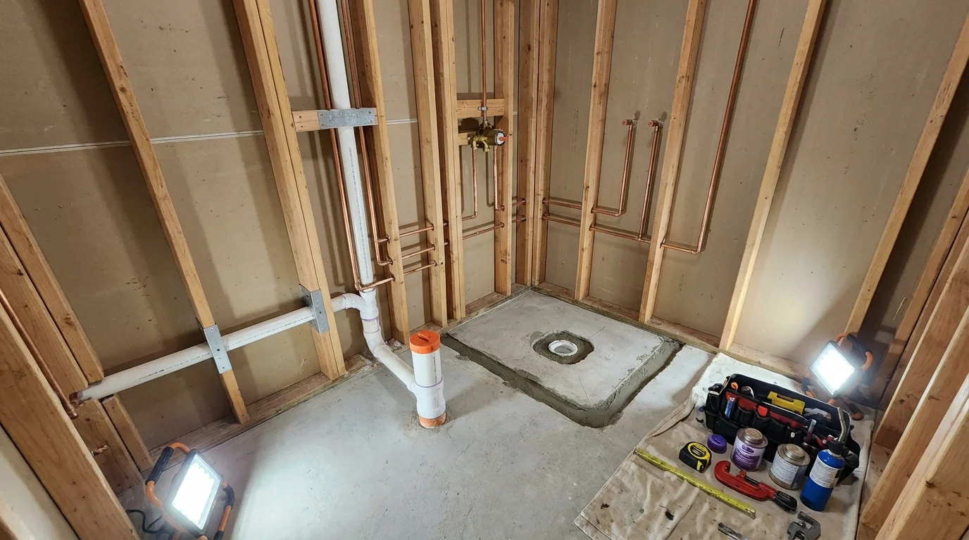 Bathroom rough-in plumbing during remodel by Johns Plumbing LLC in East Bernard