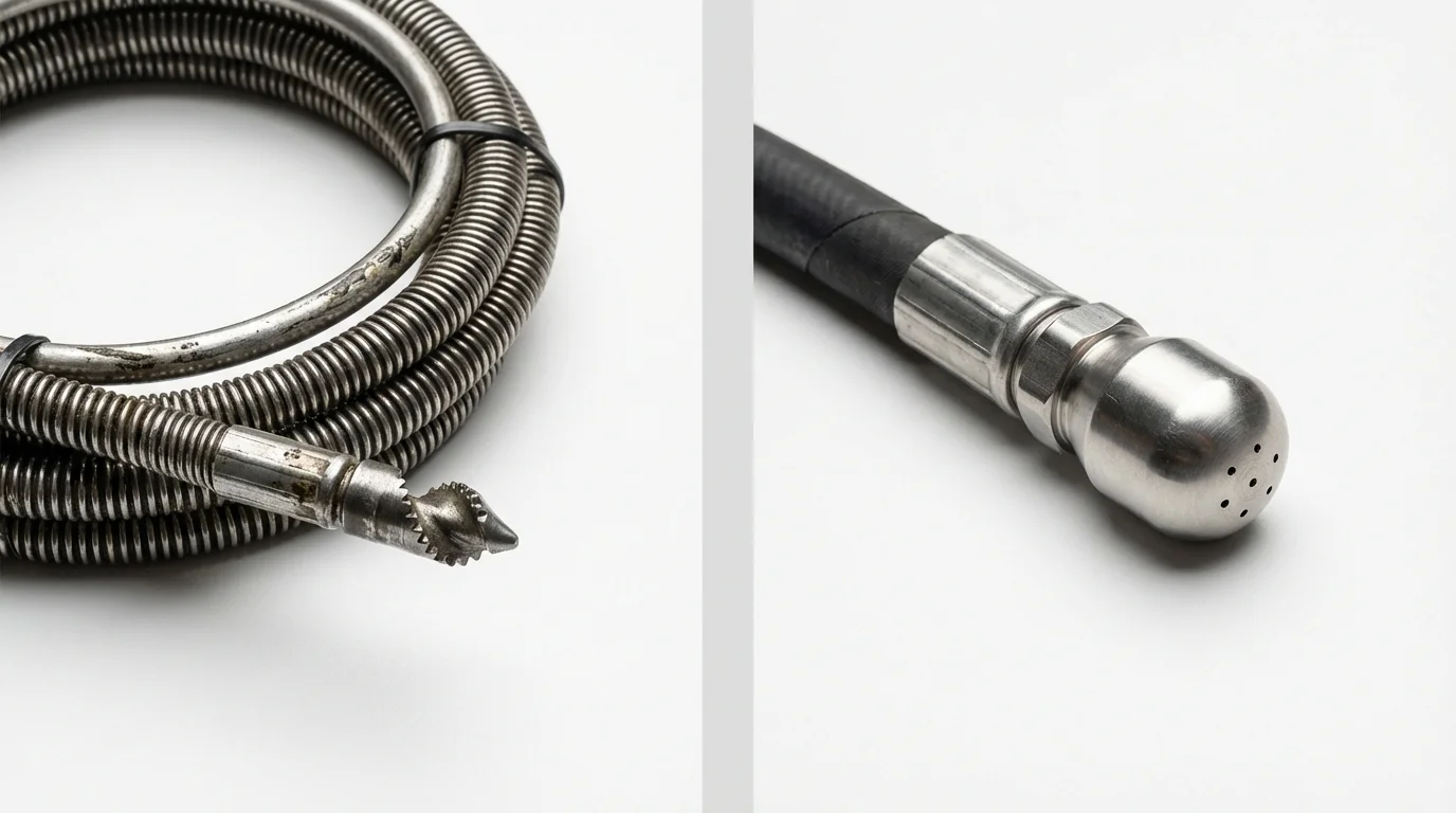 Drain snake cable and hydro jetting nozzle used for drain cleaning in East Bernard, TX
