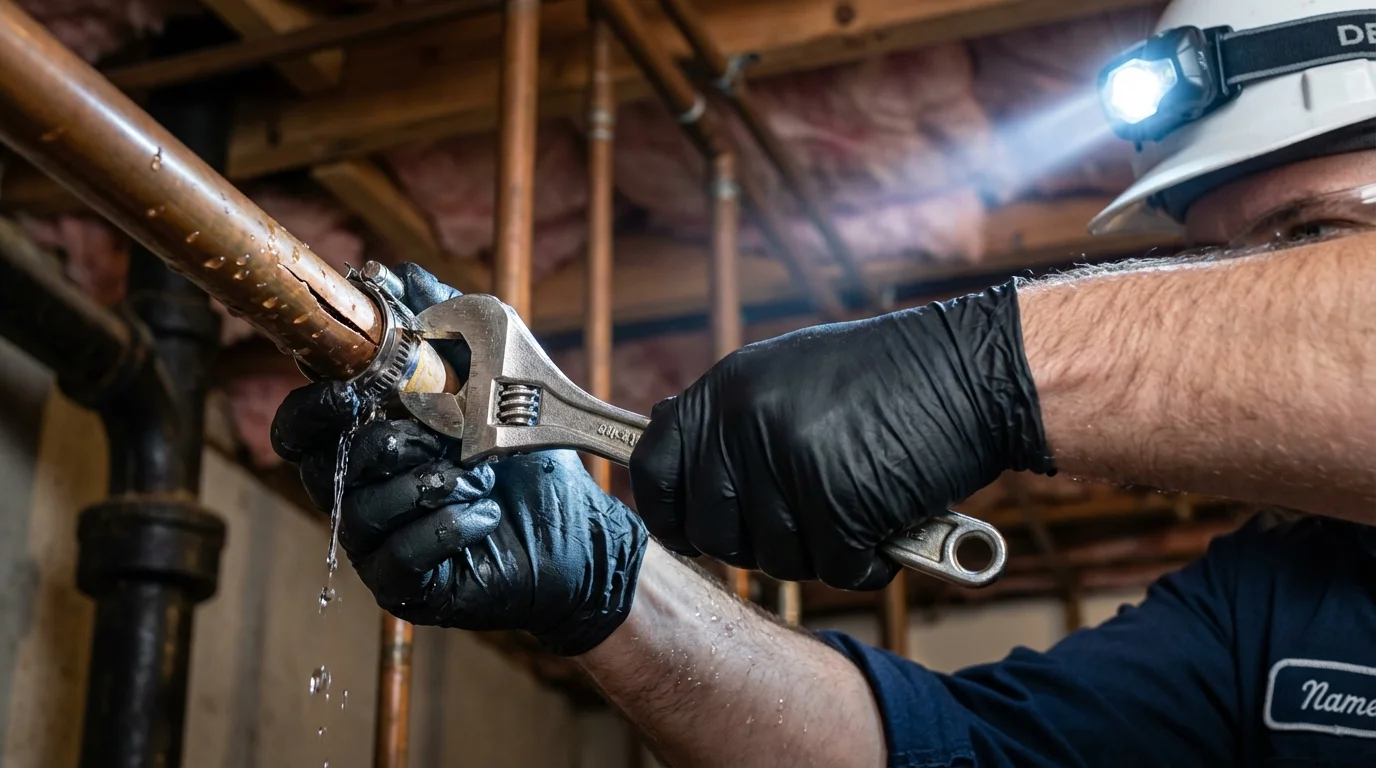 Emergency pipe clamp repair being performed by a Johns Plumbing LLC plumber in East Bernard