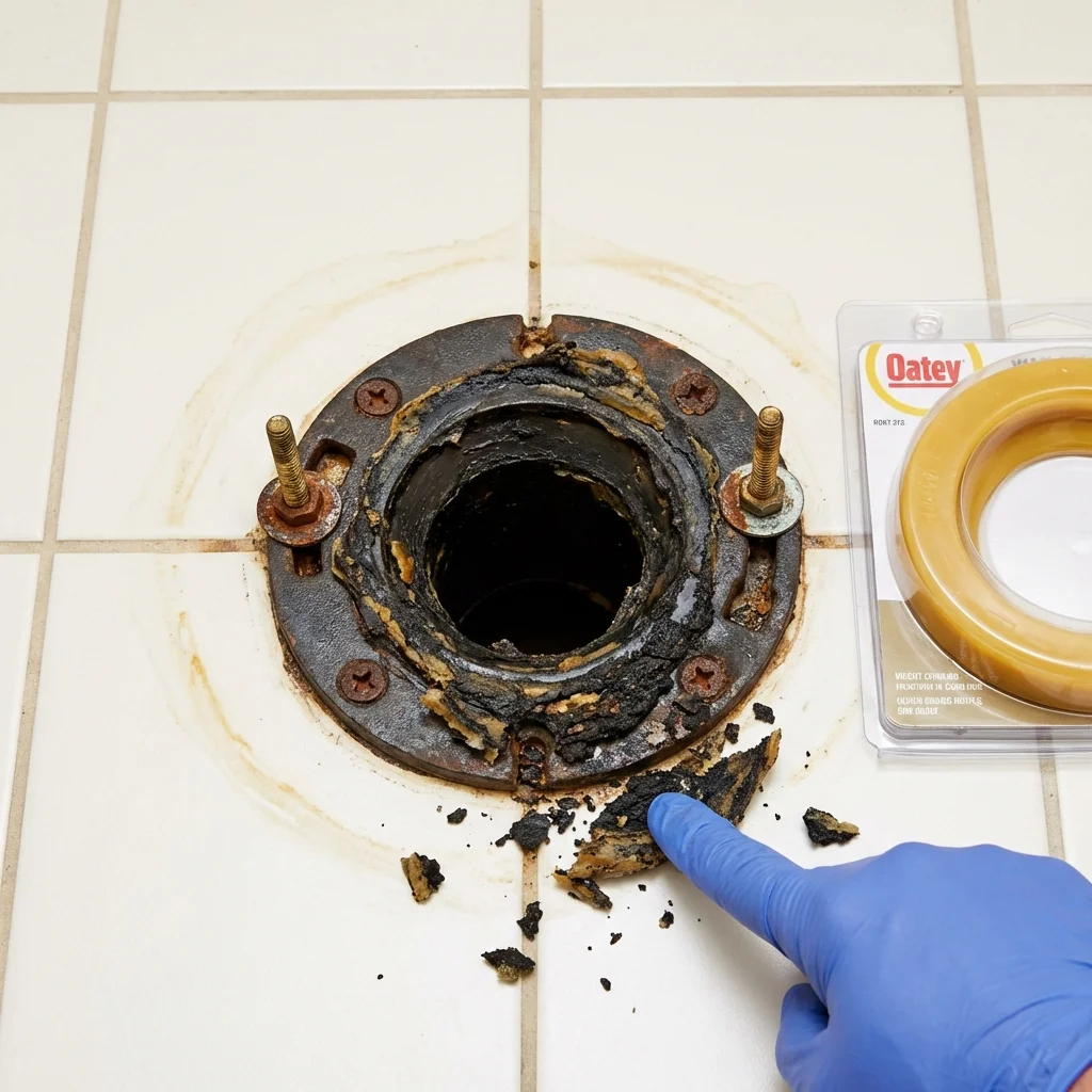 Failed wax ring showing water seepage at the base of a toilet in a East Bernard, TX home