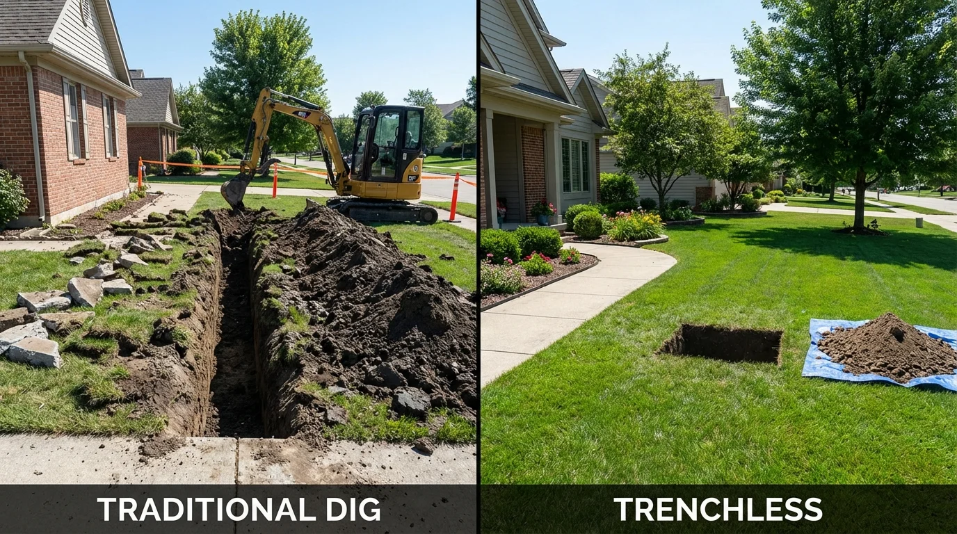 Trenchless sewer repair with minimal yard damage versus traditional excavation in East Bernard, TX